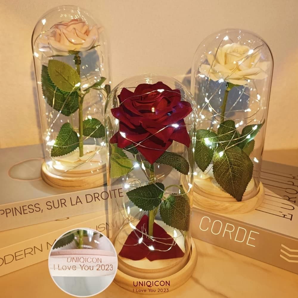 Saint Valentin Rose Eternelle sous Cloche, La Belle et la Bête Rose, Dôme en Verre Rose éternelle avec lumière LED et Base, Mariage Maison Décor, Cadeau Unique pour Maman, Femme, Mere, Mamie, Amie