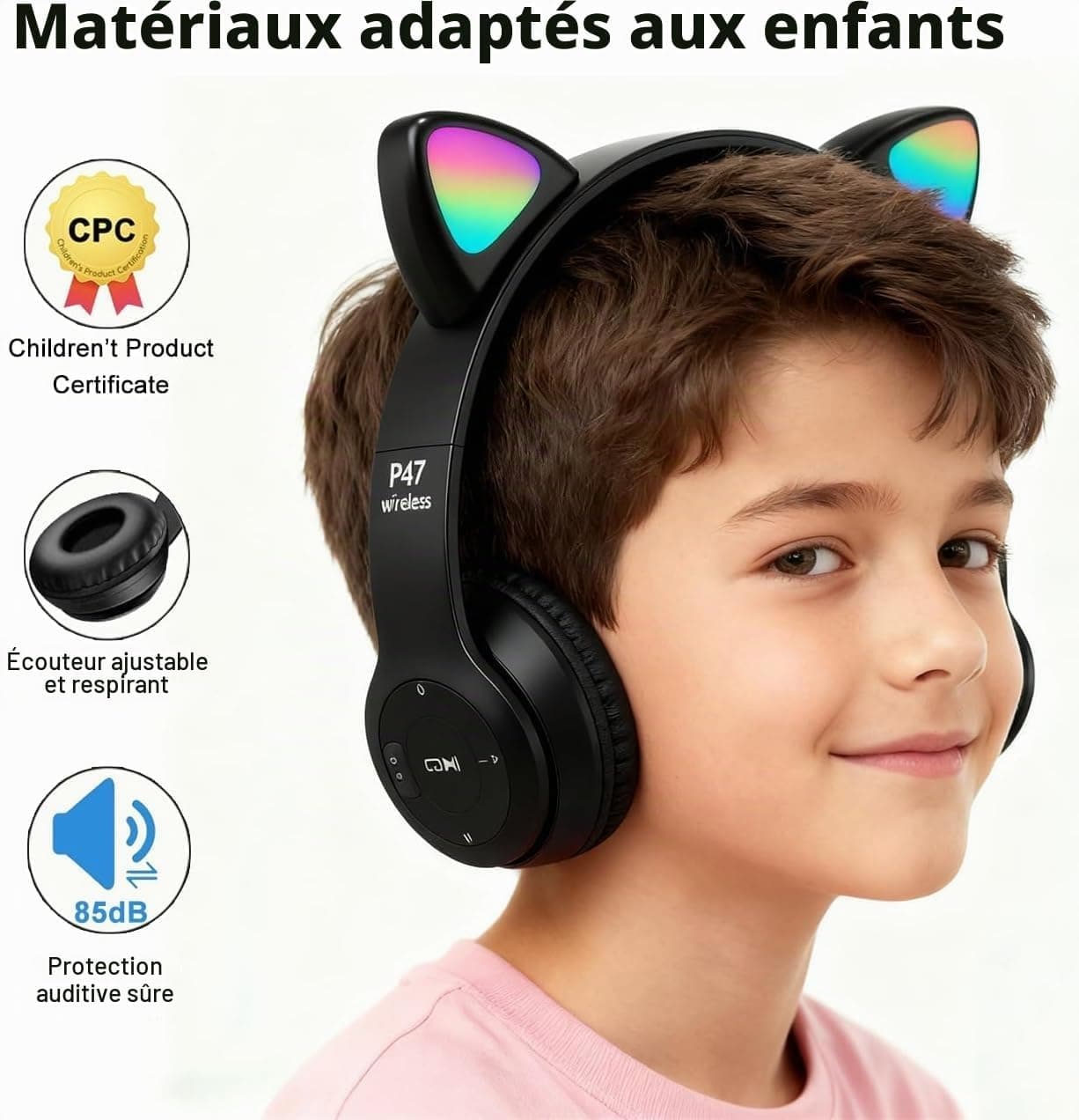 Casque Bluetooth Enfant, Casque sans Fil avec Oreilles de Chat Lumineuses | Casque Audio Pliable LED, Contrôle du Volume de 85dB pour Fille et Garçon 7+