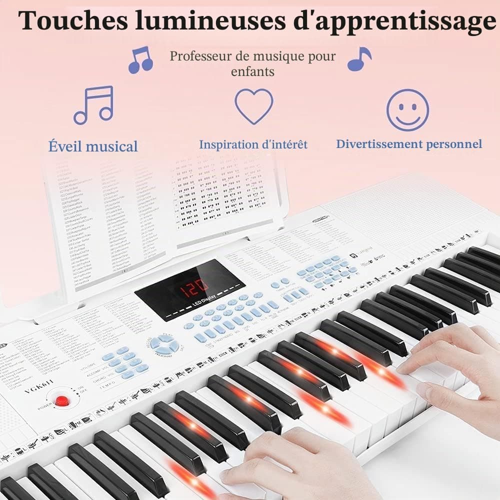 Vangoa Clavier de Piano 61 Lumineuses Mini touches Clavier électronique Piano avec microphone, 3 modes d'enseignement, 350 sons, 350 rythmes, 30 démos, Blanc