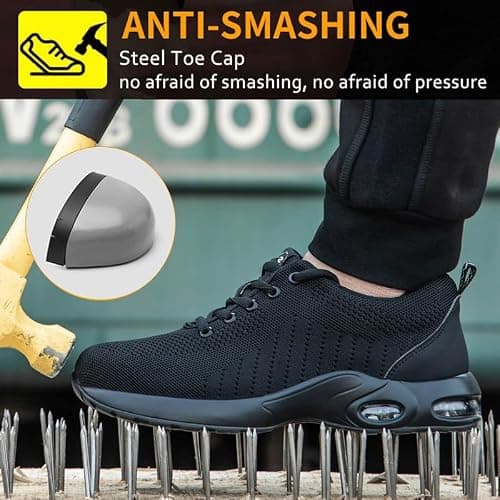 ziitop Chaussures de sécurité Homme Femme Basket de Securite Baskets Chantiers Embout Acier Respirant Chaussures de Travail Légère Anti-Perforation Tout Noir 38 EU