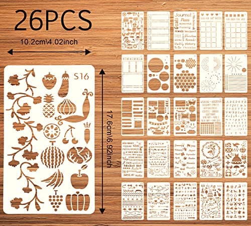 Pochoirs pour Journal Intime Bullet Journal Pochoir Kit Pochoir à Dessin Réutilisable pour DIY Carnet de Notes Scrapbooking 26 Pièces