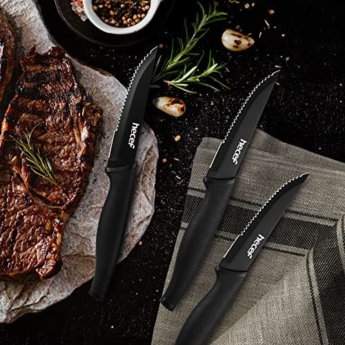 hecef Couteaux à Steak, 8 Pièces Couteaux de Table Aiguisés et Dentelés avec Manche Ergonomique, Set de Couteaux en Oxyde Noir, Couteau Viande en Acier Inoxydable, 12.7cm
