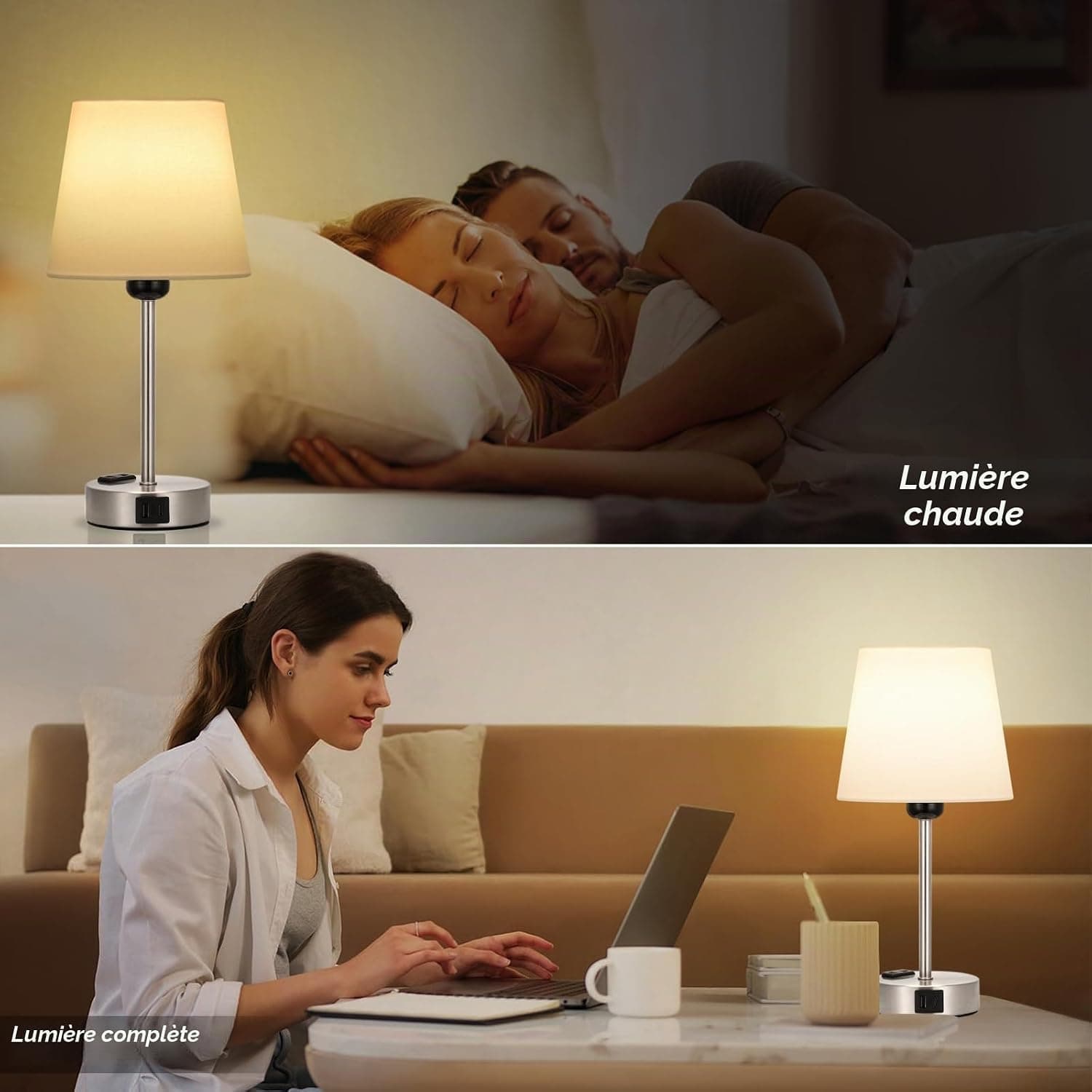 Kakanuo Lampe de Chevet Tactile avec Ports USB-A+C+Prise CA 2 Ampoules, 3 Intensité Variable, Abat-jour en Lin Blanc Base Argentée Givrée, Lampes de Table pour Chambre Salon D'enfant Bureau