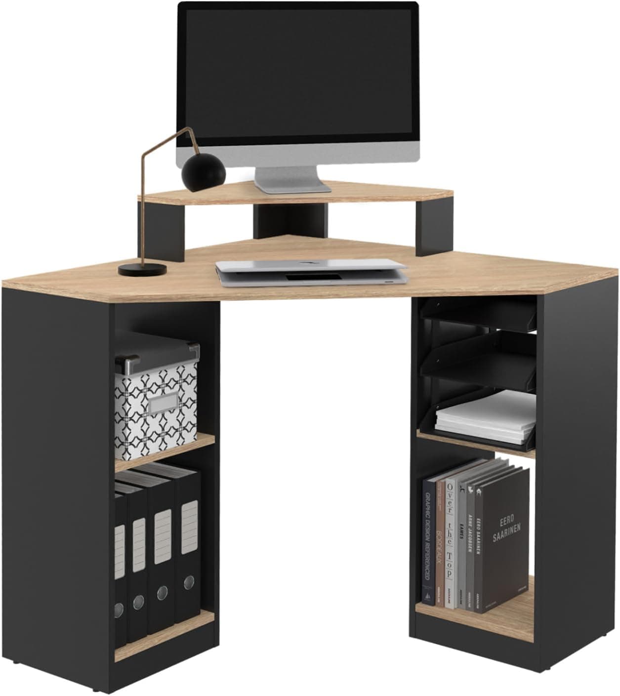 IDMarket - Bureau d'angle Harry Noir et façon hêtre Gain de Place Bureau Informatique avec rangements