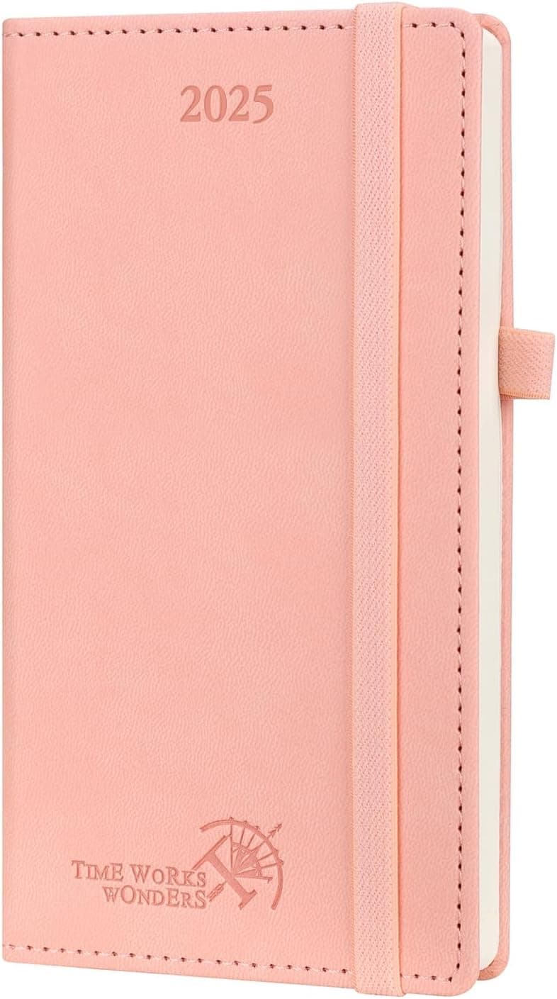 POPRUN Agenda de Poche 2025 16,5 x 9 cm - Couverture Rigide en PU Cuir, Petit Planner Semainier D'Jan 2025 à Déc 2025-12 Mois, Avec signet à 2 rubans, Papier 100 g/m2, Rose