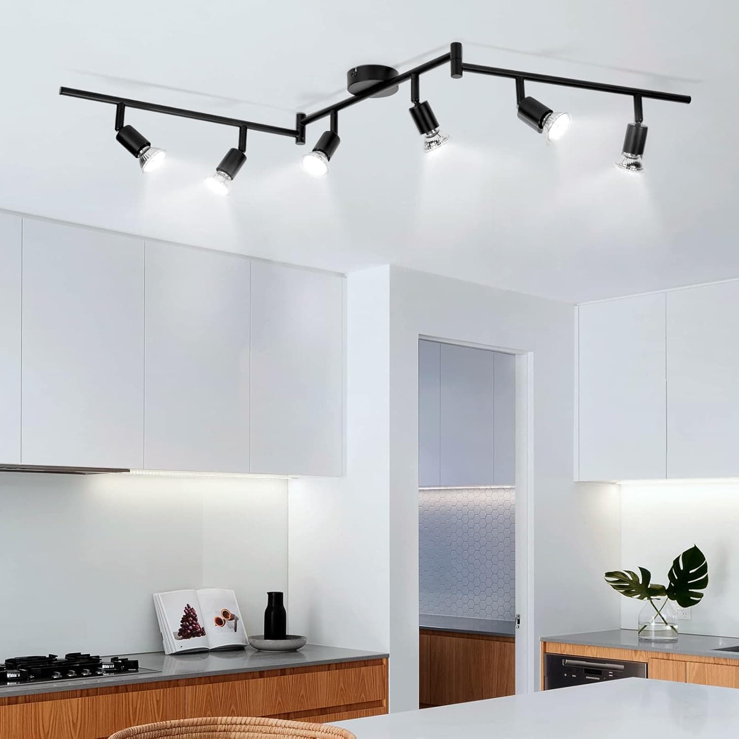 wowatt Plafonnier 6 Spots LED Noir avec GU10 5W Blanc Froid 6000K Ampoules | Moderne Rampe Interieur Plafond Orientable, Rail Luminaire Plafonnier Spot pour Chambre Salon Salle à Manger Cuisine Couloir