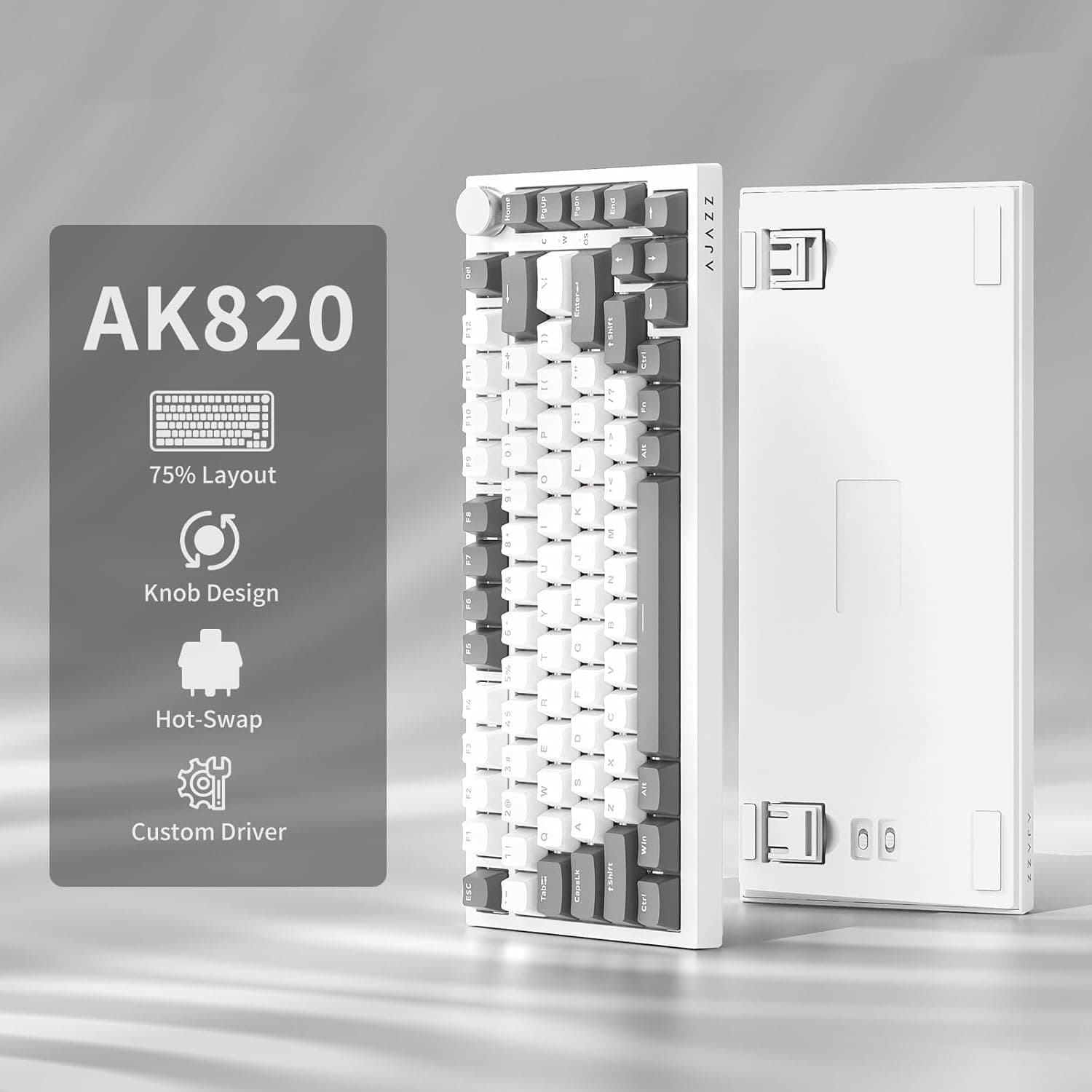 AJAZZ AK820 Mechanical Keyboard, 75% Hot Swappable Wired Volume Control Knob, PBT Keycaps, Five-Layer Sound Insulation Pad, 82-Key Gaming Keyboards, Grey White