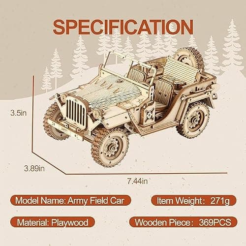 Robotime Armée Jeep Jouets de Voitures Kits de modèles de Puzzle 3D Artisanat de Construction mécanique de en Bois de d'individu pour des Enfants, Adolescents et des Adultes
