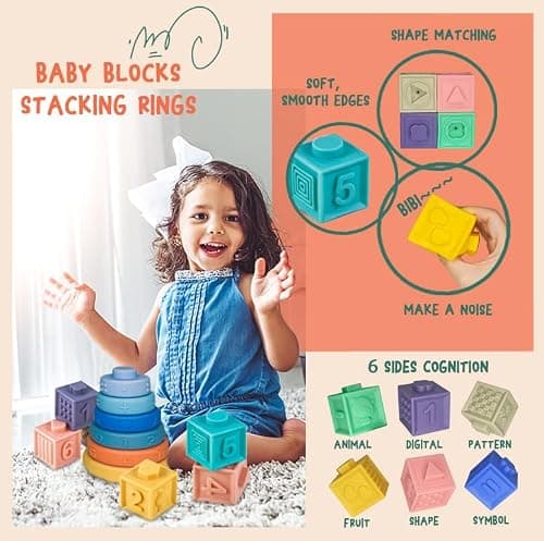MutoToy® Jouet Sensoriel Bebe 6 Mois et Plus, 6 en 1 Jeux Montessori Eveil avec Cube D'activité Bébé, Jouet Ventouse Chaise Haute, Jouets de Développement