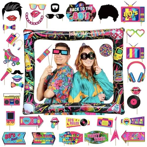 POPOYU Cabine Photo Gonflable Rétro des Années 80 Avec 40 Accessoires de Photomaton,Accessoire Annee 80 Photo,Annee80 CadrePhoto pour Selfie pour Fête Disco des Années80,Accessoires de Jeu pour Enfant