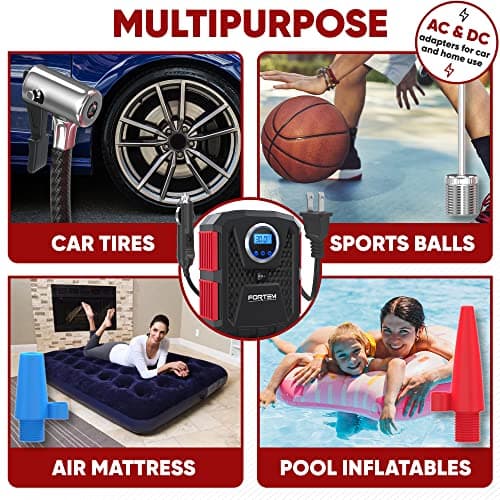 FORTEM Gonfleur de Pneus 150 PSI, Pompe à Vélo, Pompe à Air 230V AC 12V DC Pour Pneus de Voiture, Manomètre Digital Avec Pompe Automatique/Arrêt, étui de Transport (rouge)