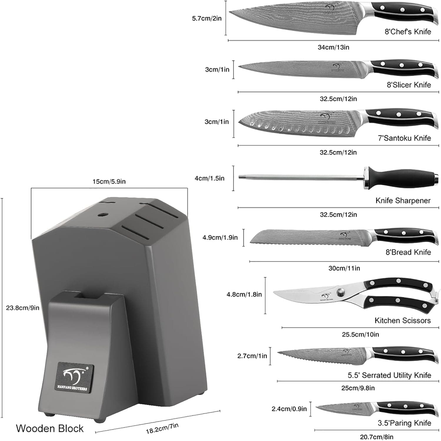 NANFANG BROTHERS Damas 9 Pièces Set Couteaux de Cuisines Professionnels 67 Couche Acier with Bloc en Bois Gris