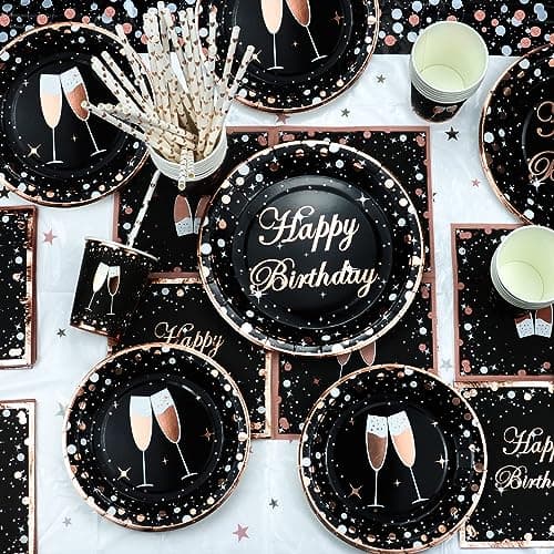 XJLANTTE Fournitures de fête Noir et Or Rose – Ballon, bannière Joyeux Anniversaire, décoration de gâteau, Tasses et Nappe pour décorations de fête Fille Femme, pour 20 invités (Set 02)
