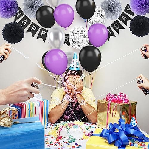 Décorations de fête de joyeux anniversaire noir violet et argent Fournitures de décoration de ballon avec bannière et rideau pour femmes hommes garçons filles 20th 30th 40th 50th 60th 70th Birthday