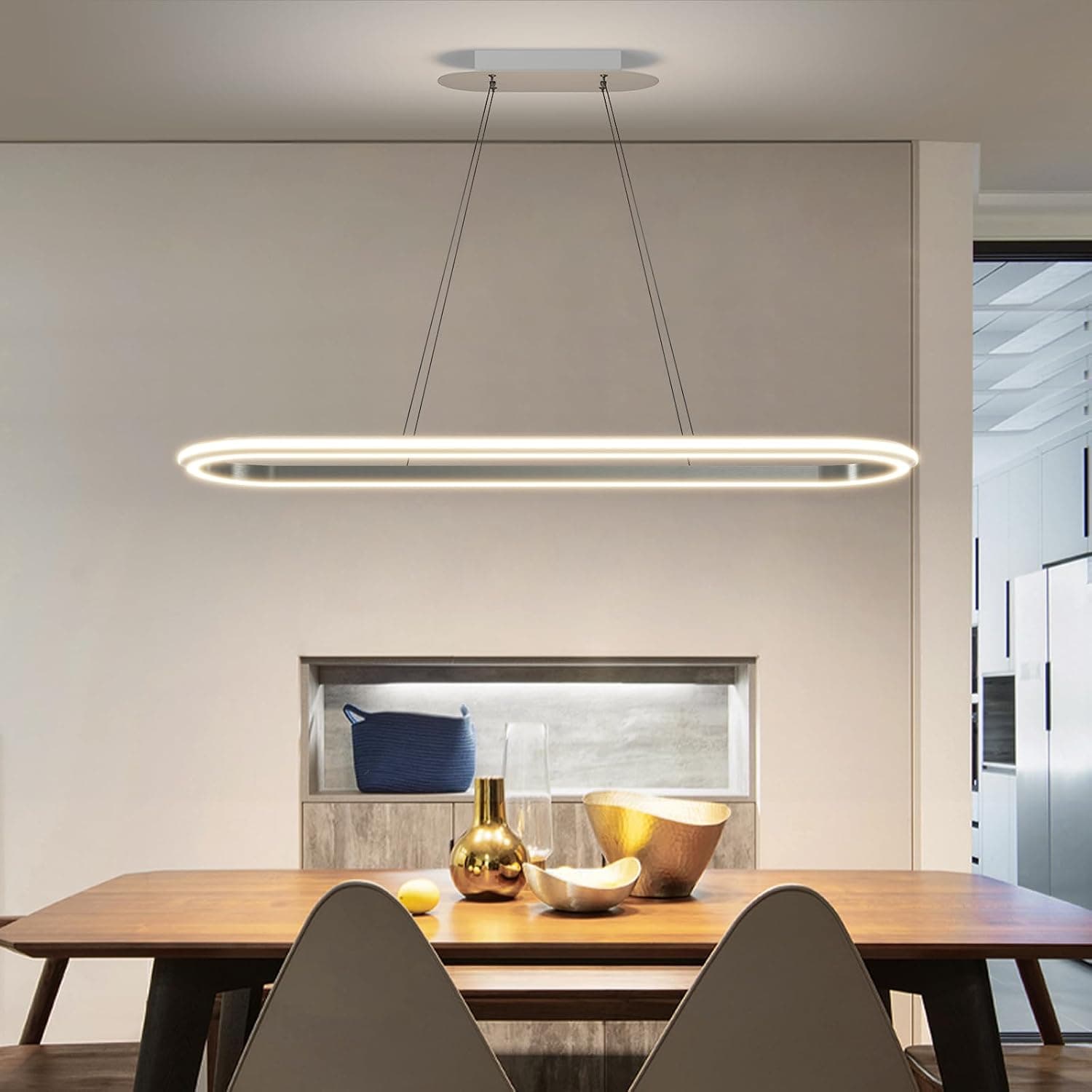 110cm Suspension Moderne Ovale Ajustable avec Télécommande, Luminosité Réglable de 10%-100%, Anti-Éblouissement avec Fonction Mémoire/Hauteur Ajustable