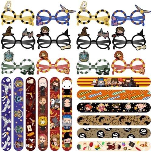 24 Pcs Harrry Potterr Anniversaire Fête Faveurs, 12 Pcs Slap Bracelets + 12 Pcs Party Lunettes, Set de Fête d'anniversaire pour Enfants, Cadeaux d'anniversaire Party Supplies pour Enfants Fille Garçon