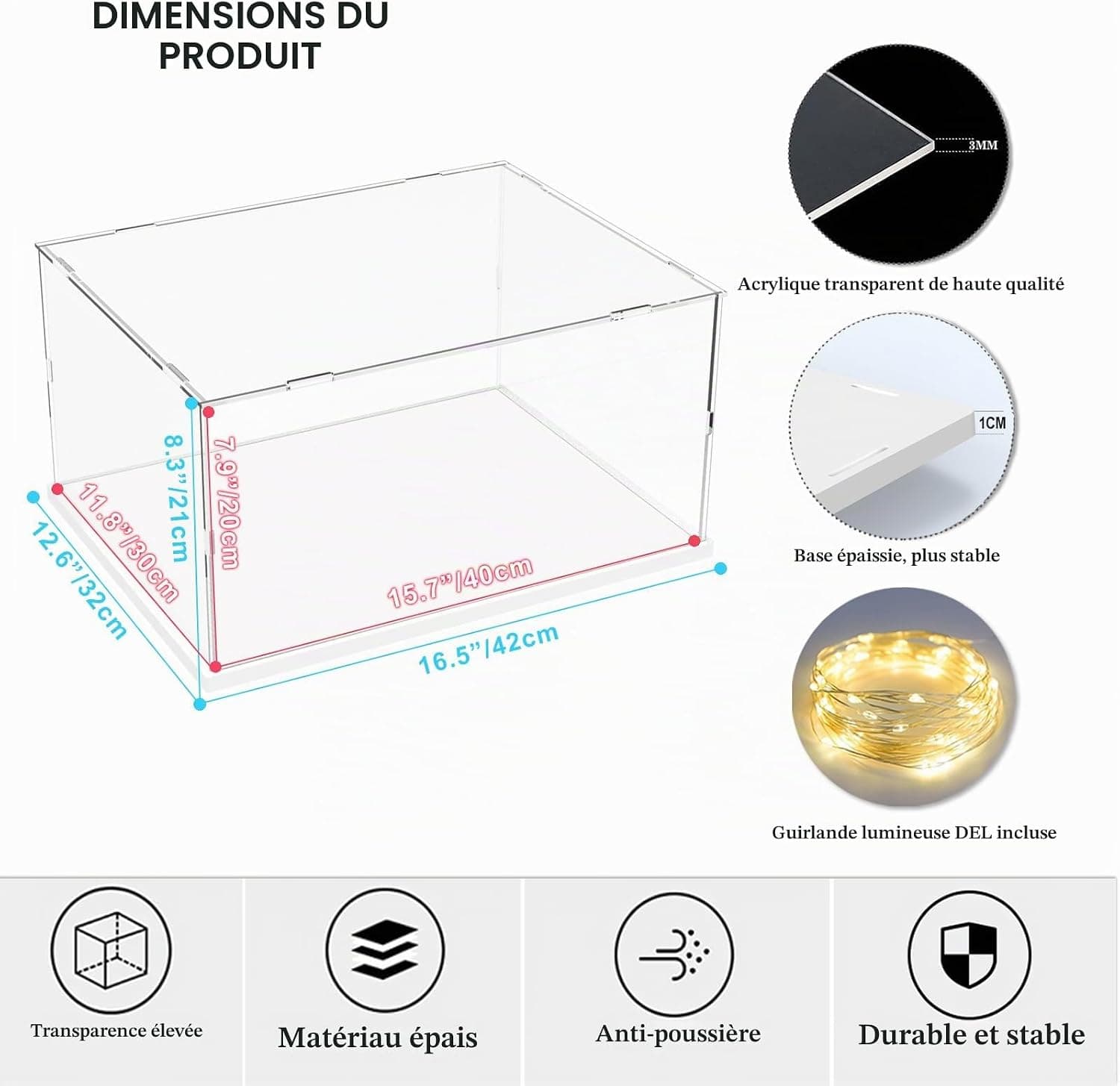 Vitrine pour Collection, Vitrine pour Figurines Boîte Vitrine en Acrylique Transparente avec Base Blanc à Assembler Boîte de Comptoir Antipoussière avec Bande Lumineuse