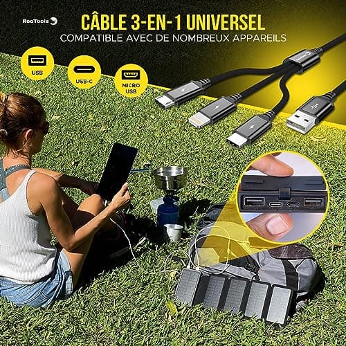 Batterie Externe Solaire avec 5 Panneaux Pliables, Câble Universel 3en1 & Lampe LED. Kit pour Randonnée Camping Survie. Power Bank, Alimentation Nomade pour Smartphone et Autres, idéal Survivalisme