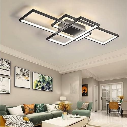 Plafonnier LED, Luminaire Salon, dimmable avec télécommande 3000K-6000K, nouveau design irrégulier lampe rectangulaire en métal acrylique cuisine lampes de décoration de chambre,Noir,90*50CM/80W