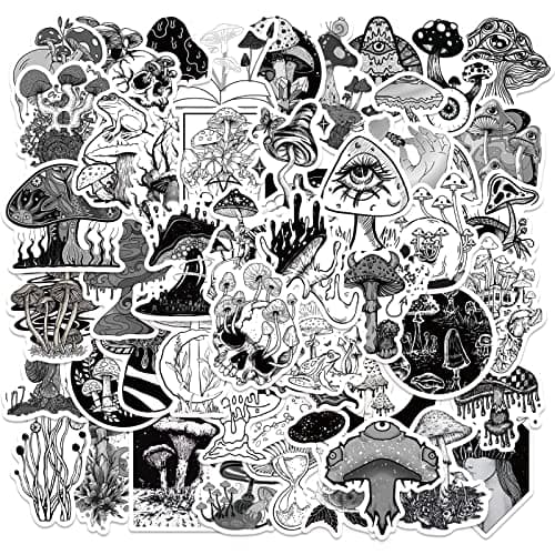 Goth Style Mushroom Lot de 50 autocollants gothiques esthétiques noirs et blancs imperméables en vinyle décoratif petits autocollants pour guitare, bouteille d'eau, bagages, tablette, téléphone,