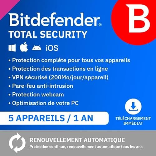 Bitdefender Total Security 2024 | 5 appareils | 1 An | PC/Mac/Smartphone | Code d’activation par email