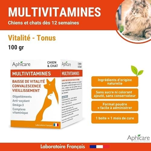 Aphicare - Vitalité - Complexe multivitaminés -Poudre 100 GR - Vitamines - Oligoéléments - Complément Alimentaire Chien et Chat - Fabriqué en France