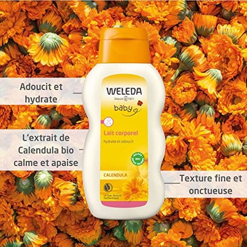 WELEDA - Lait corporel Calendula - Adoucit et hydrate - Pour la peau délicate délicate des bébés et des jeunes enfants ou les adultes à la peau sensible - NATRUE - 200 ml