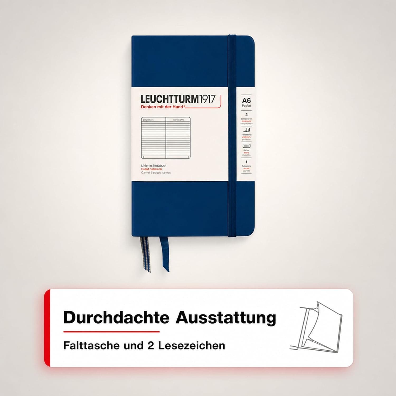 Leuchtturm1917 342918 Carnet Pocket A6 Ligné 185 pages numérotées Bleu marine