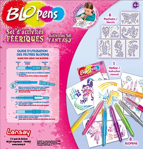 BLOPENS - Set Activités Féeriques - Feutres de Coloriage À Souffler Avec Pochoirs Réutilisables - Idée Cadeau Enfants dès 5 Ans - Kit Création Dessins Fées, Licornes & Sirènes Pailletées - Lansay
