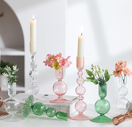 Bougeoir en Verre Hewory Bougies en bâton Décoration : Bougeoir à Bougie en Verre Transparent Bougies en Verre pour Le Salon, Le Mariage et la fête - Lot de 3