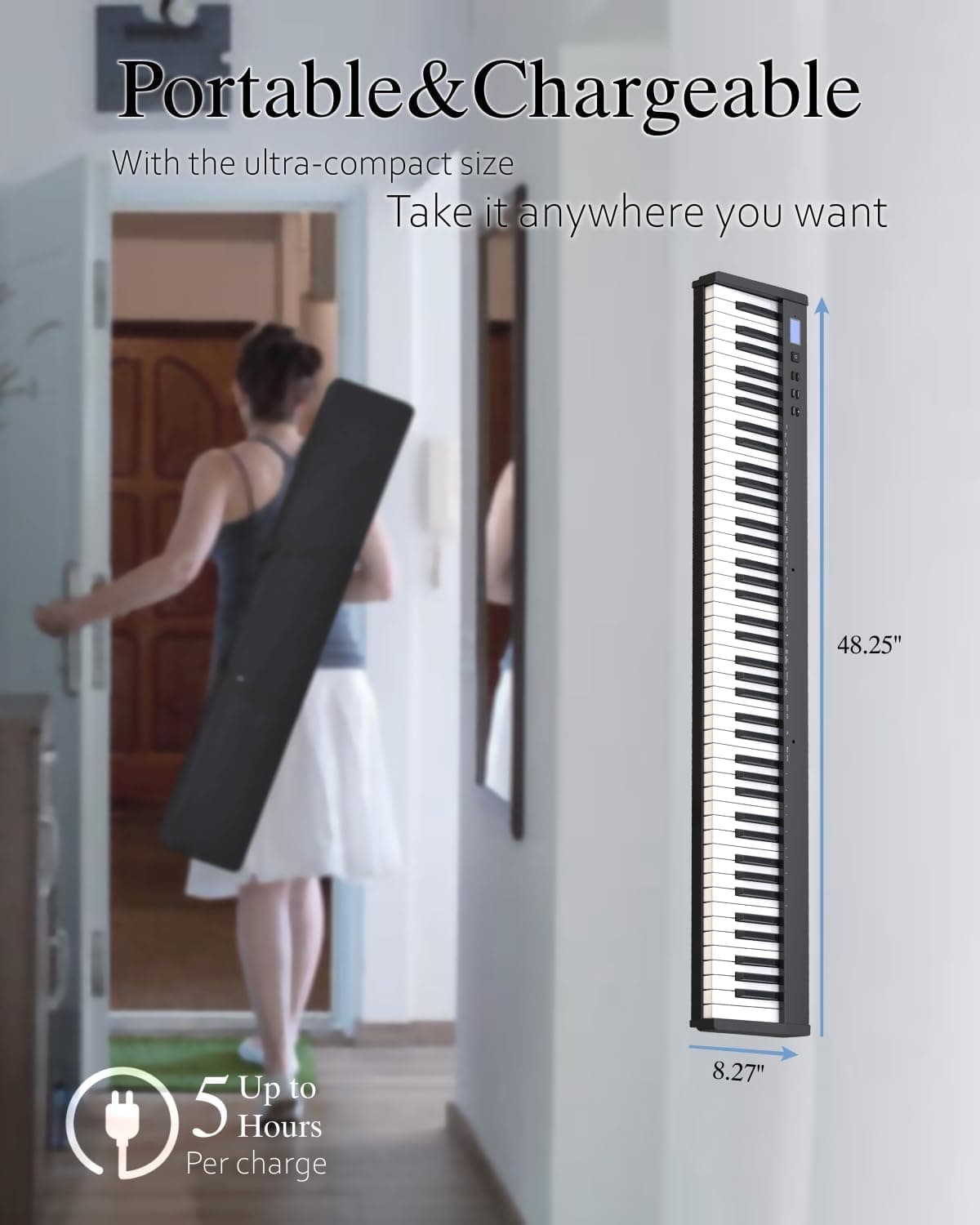 【Pack complet avec support】Longeye Piano Numérique 88 Touches Clavier Électrique Semi-Lesté Compact et Portable pour Débutants, Sac de Transport, Pupitre, Pédale de Sustain,Noir (Slim-88)