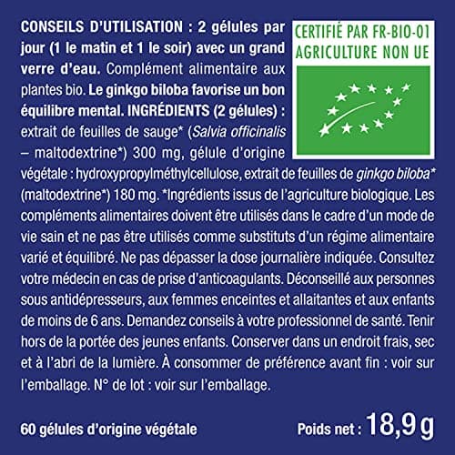 Ginkgo Biloba BIO - Complexe Mémoire & Concentration - Booste les Performances Cérébrales - Sauge BIO - 60 Gélules Vegan - Nutrimea - Fabrication Française
