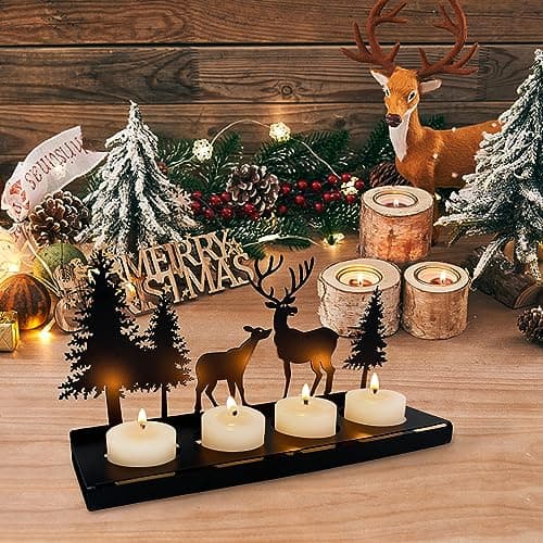 Bougeoir Noir Métal pour 4cm Bougies, Chandelier de Noël, Bougie Decorative, Centre de Table , Decoration Salon Moderne, Couronne de L'avent Oblongue, Interieur Deco Maison Cadeaux