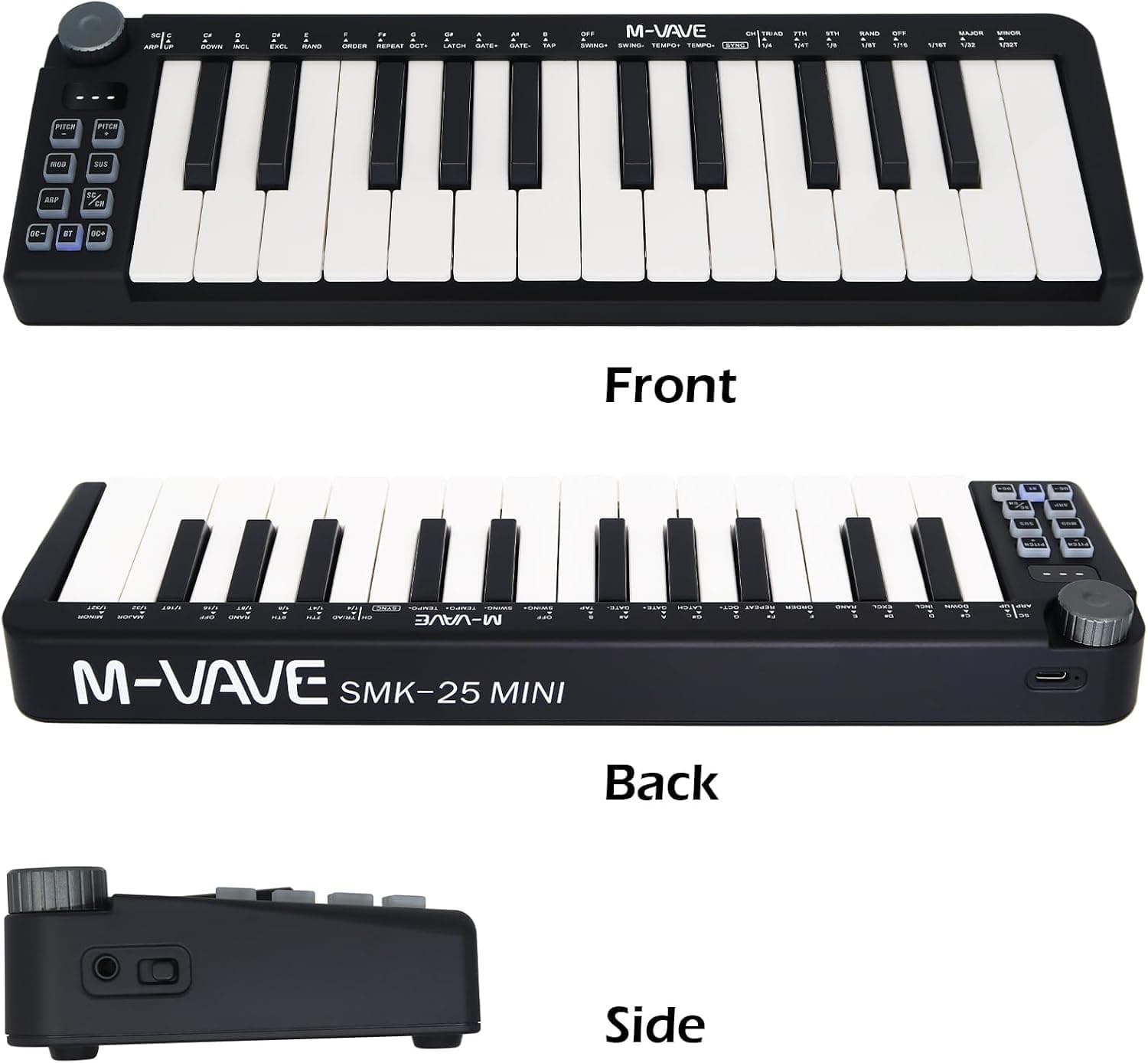 M-VAVE Mini clavier 25 touches - Beat maker professionnel et Keytar pour la production musicale au clavier Batterie intégrée Wireless Connect, Mini no PADS, Noir