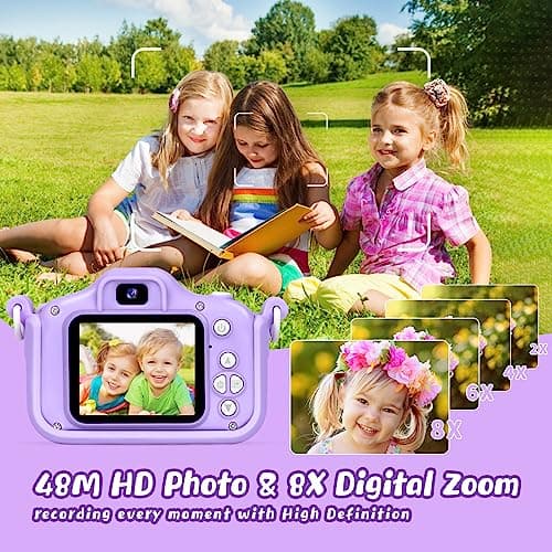 Appareil Photo Enfant 3-12 Ans, 48MP Appareil Photo 1080P Vidéo HD Appareil Photo Enfant Rechargeable Caméscope, Cadeau Jouet Filles Garçons 3 4 5 6 7 8 9 10 Ans, 32G SD Carte et Licorne Étui Silicone