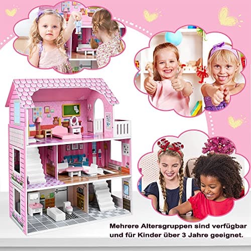 VA-Cerulean Maison de poupée en bois avec meubles, kit de jeu princesse villa de poupée, simulation rose, maison de poupée pour enfants à partir de 3 ans, jeu de puzzle, scénario (type A)