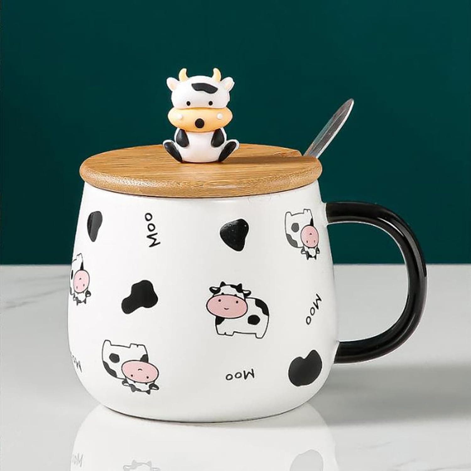 Tasse Vache Mignonne, Petit déJeuner, Café, avec Cuillère et Couvercle, Compagnon Amateur de Lait, pour Café, Boissons, Porridge (B, Céramique, 400ml)