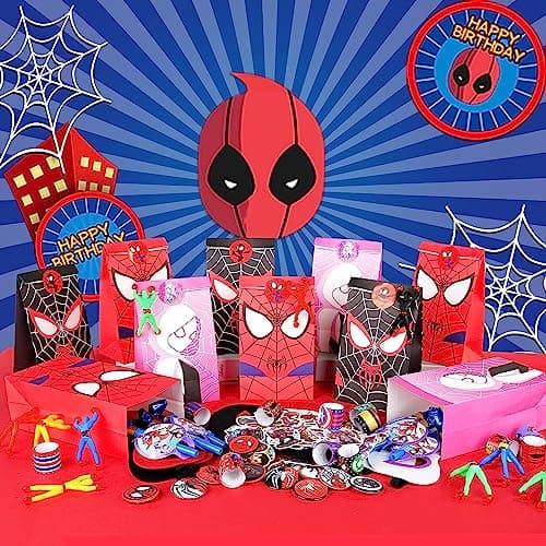 122 Pièce Spiderman Party Jouet Sac Cadeau Anniversaire Enfant Super Heros Sac Cadeau Masque en Feutre Spiderman Autocollants et Autres Ensembles Cadeaux Slap Bracelets Pour Cadeau Anniversaire Enfant