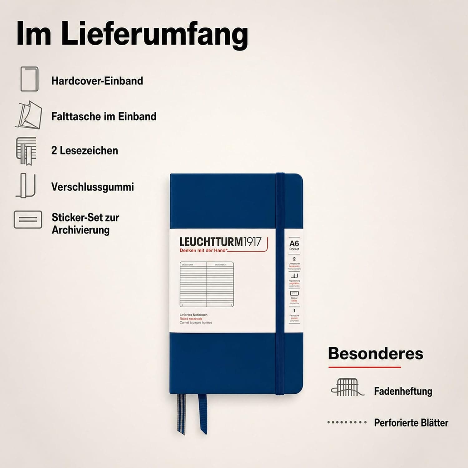 Leuchtturm1917 342918 Carnet Pocket A6 Ligné 185 pages numérotées Bleu marine