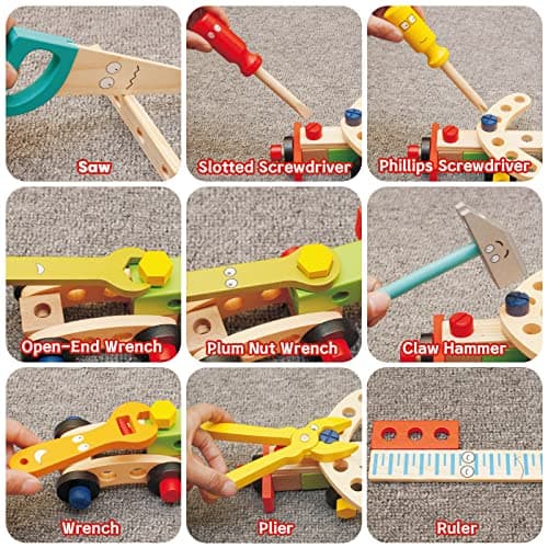 Withosent Caisse à Outils Enfant, 34 Pièces Jouets en Bois Boite a Outil Enfant, DIY Jeux de Construction Enfant pour Garçons Filles de 3 Ans