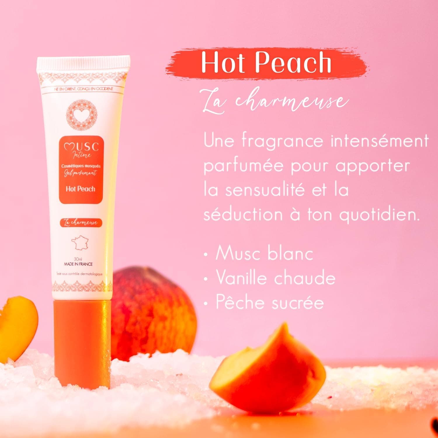 MUSC INTIME La Marque Officielle - Gel parfumant - Hot Peach - La Charmeuse - Soin Femme - Absorbe Les Odeurs Les Plus Intimes - Tenue 48h - Flacon Pompe - 30ml