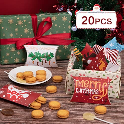 Boite Cadeau (12 x 7.5 cm), 20pcs Boite Papier Kraft Thème de Noel Boîtes à Bonbons avec Autocollants pour Cadeaux et Décoration de Fête