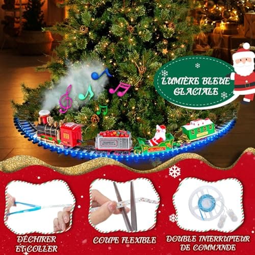 BuzzoXerex Train Electrique Noel, Train de Noel Electrique pour Sapin avec Guirlandes Lumineuses LED Bleues, Train Electrique Enfant avec Spray et Son
