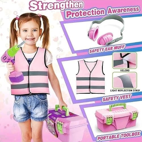 ANYCESO Ensemble d'outils électriques pour Enfants, Coffret de Jouets de Construction, visseuse sans Fil, idée Cadeau pour garçons et Filles de 3 à 8 Ans, Rose