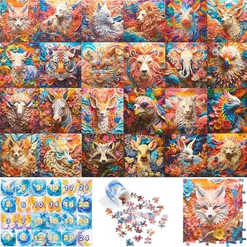 Calendrier de l'Avent Puzzle 2024, Puzzle en 3D pour Adultes et Enfants, Compte à Rebours de Noël sur 24 Jours, 24 Puzzles en Forme d'animaux, 1008 Pièces