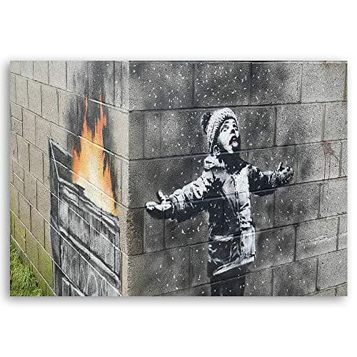 Feeby Tableau sur toile XXL Port Talbot Smog Neige 120x80 cm Art Image Deco Banksy Street Art gris