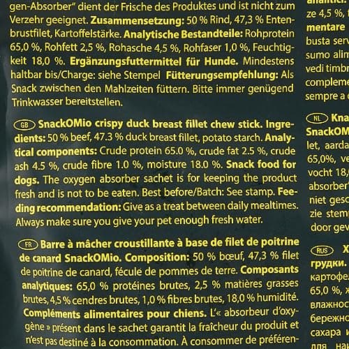 SNACKOMIO - Snack Premium pour chiens - Barre à mâcher croustillante au magret de canard, sans céréales, 1 paquet (1 x 200g)