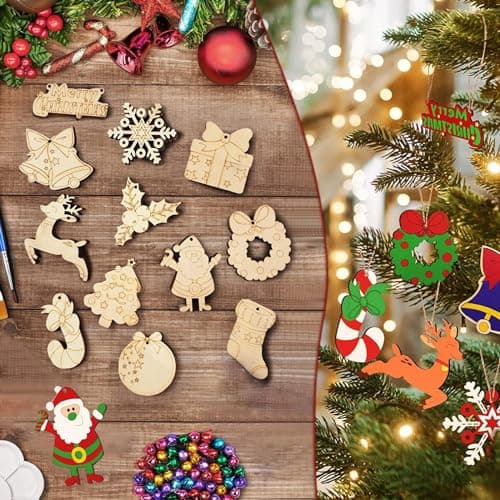 CHEVVY 60pcs.Pendentifs en Bois à Peindre Noël DIY Décoration de Noël en Bois avec 60 Cloches 60 Corde Bois Bricolage Enfants Noël Set Décoration de Noël
