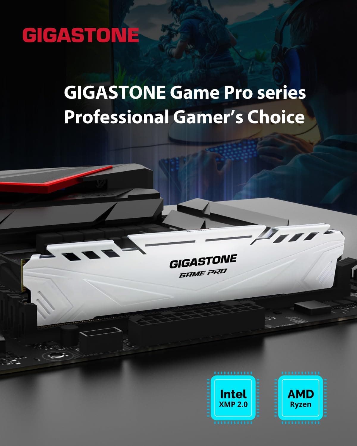 【DDR4 RAM】 GIGASTONE Game Pro 32Go Kit(2x16Go) DDR4 3200MHz PC4-25600 CL 16-18-18-40 Intel XMP 2.0 AMD Ryzen 1.35V UDIMM 288pin UnbuffeRouge Non ECC Mémoire Haute Performance pour PC Bureau-Blanc