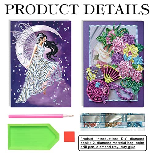 DCIDBEI 2 Pack A5 Carnet Broderie Diamant Carnet de Voyage A5 Diamond Painting Carnet de Notes Diamant Painting Carnet de Note Fleurs Fée Cahier Diamond Painting Journal de Suivi Journal Intime Adulte